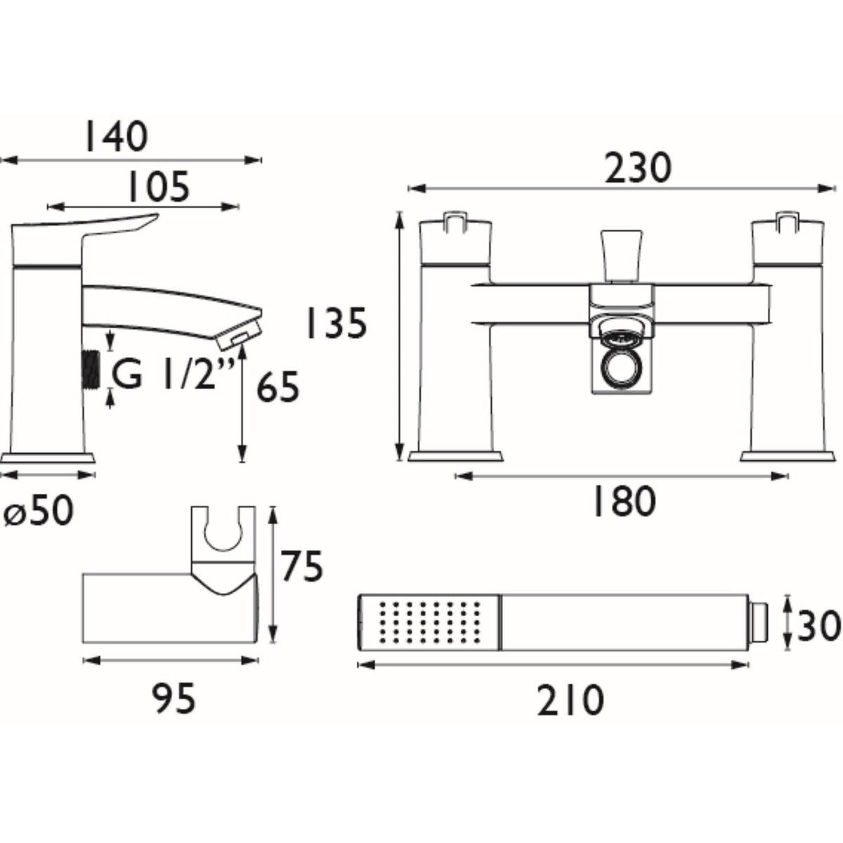 Bristan Bath Filler Tap Mixer Shower Chrome Dual Lever Single Spray Pattern - Image 2