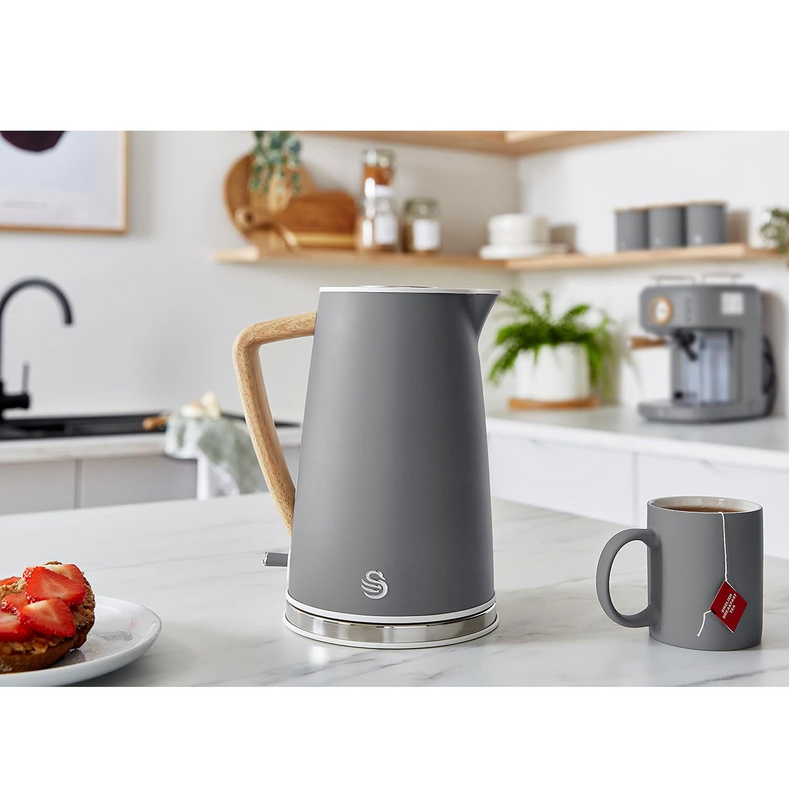 Swan Nordic Kettle Grey 1.7L Wood Effect Steel Rapid Boil Portable Jug 3000W - Image 2
