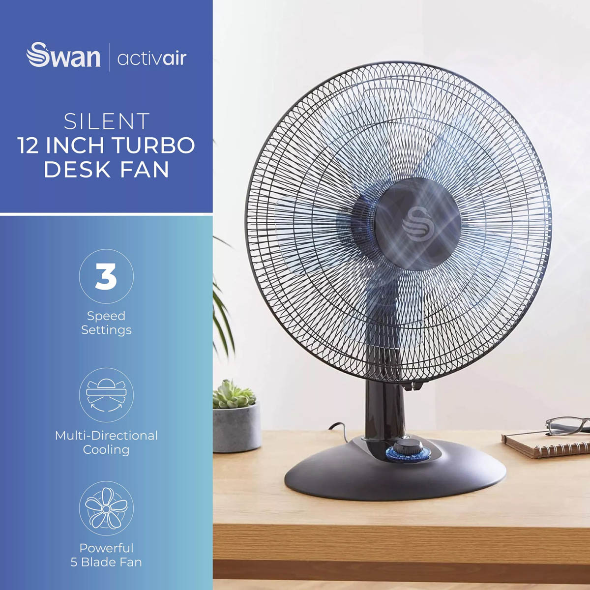Swan Desk Fan 12″ Electric 2 Speeds Oscillating Quiet Office Home Indoor 60W - Image 2