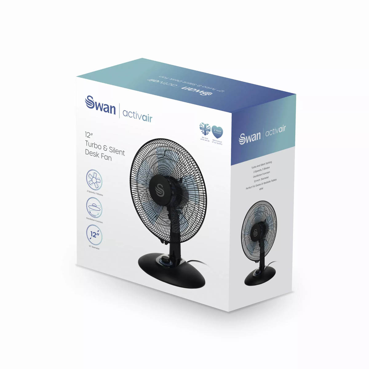 Swan Desk Fan 12″ Electric 2 Speeds Oscillating Quiet Office Home Indoor 60W - Image 7