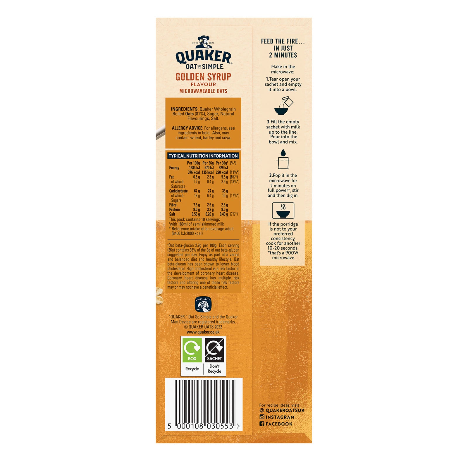 Quaker Oats Porridge Oat So Simple Golden Syrup 90 x 36g Sachets - Image 5