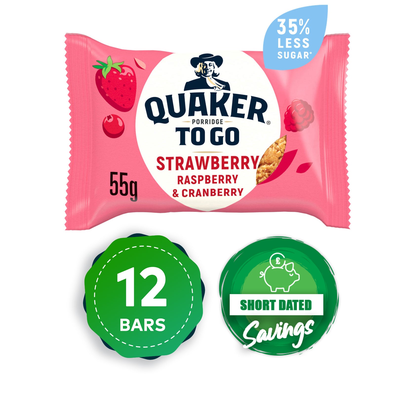 Quaker Porridge To Go Strawberry Raspberry Cranberry Bars 12 x 55g - Image 1
