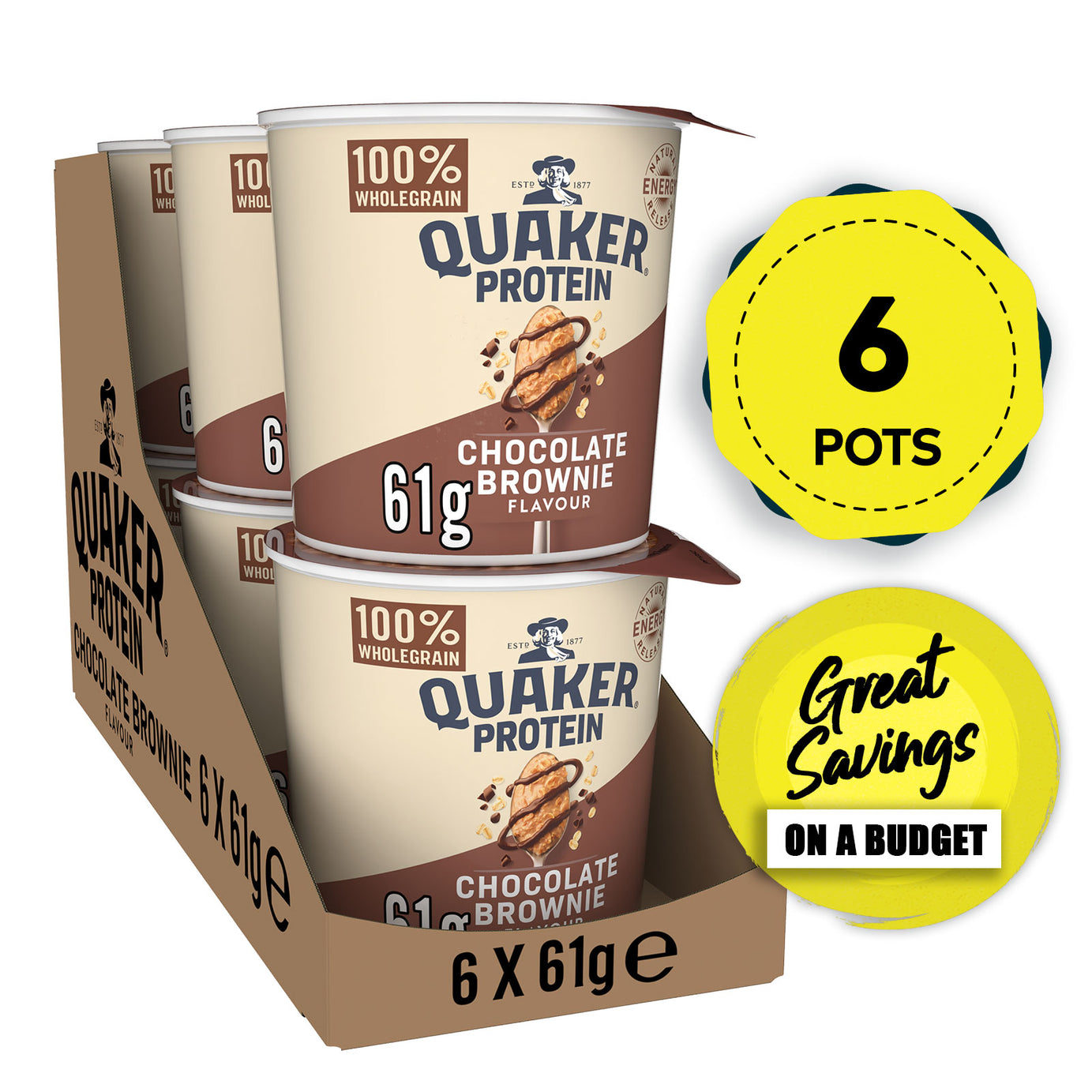 Quaker Oats High Protein Chocolate Brownie Porridge Pot 6 x 61g - Image 1