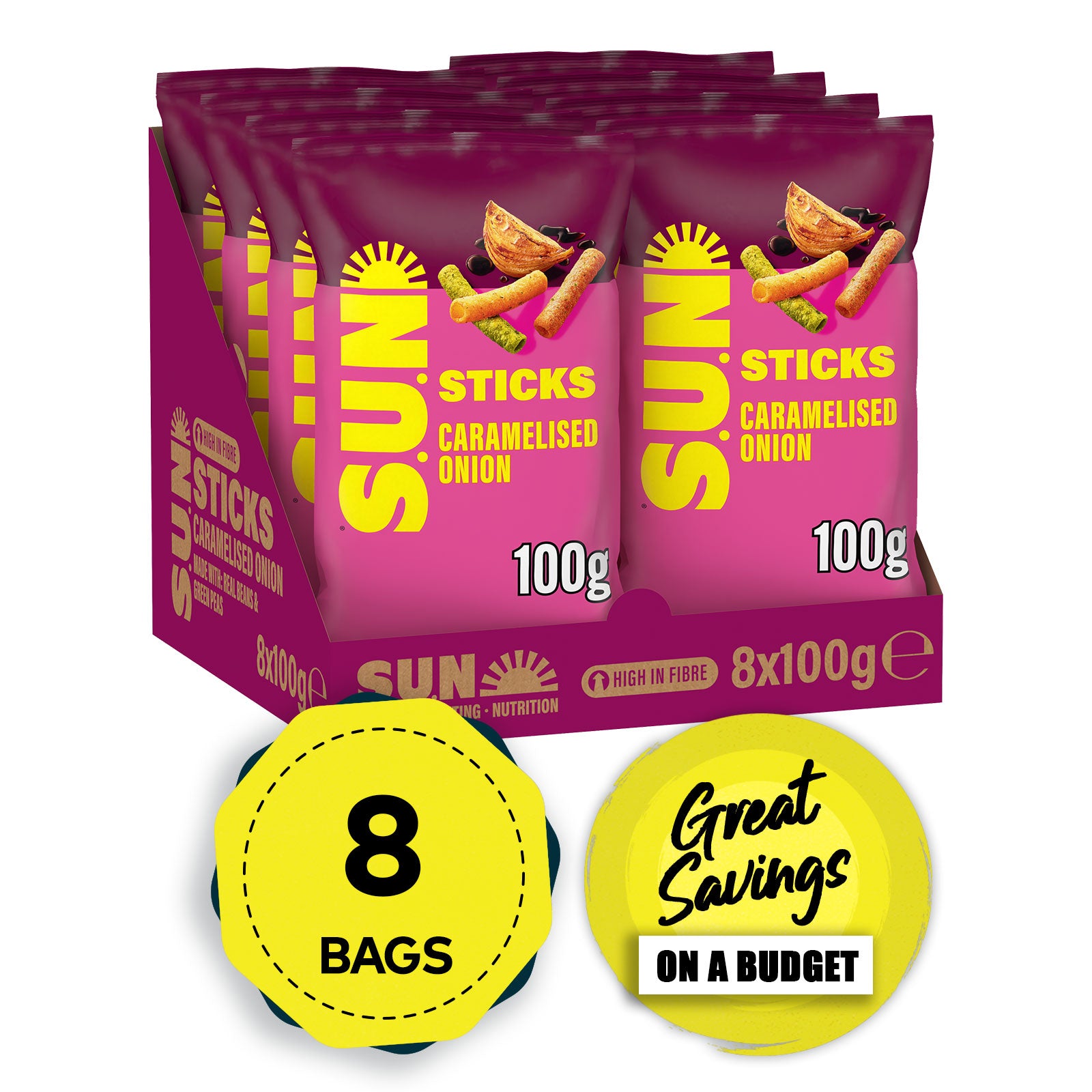 Sunbites Sticks SUN Snacks Caramelised Onion Balsamic Vinegar Sharing 8x100g - Image 1