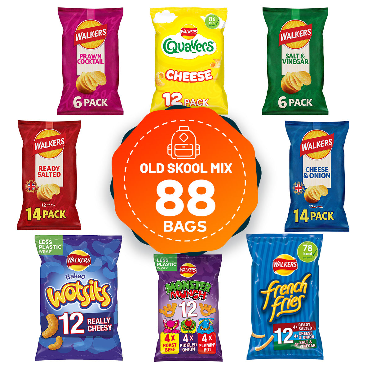 Walkers Crisps Salt Vinegar Quavers Cheese Prawn Cocktail Bundle 88 Bags - Image 1