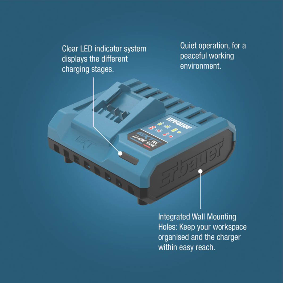 Erbauer Battery Charger 18V Li-Ion EXT Quiet Compact Powerful Lightweight - Image 3