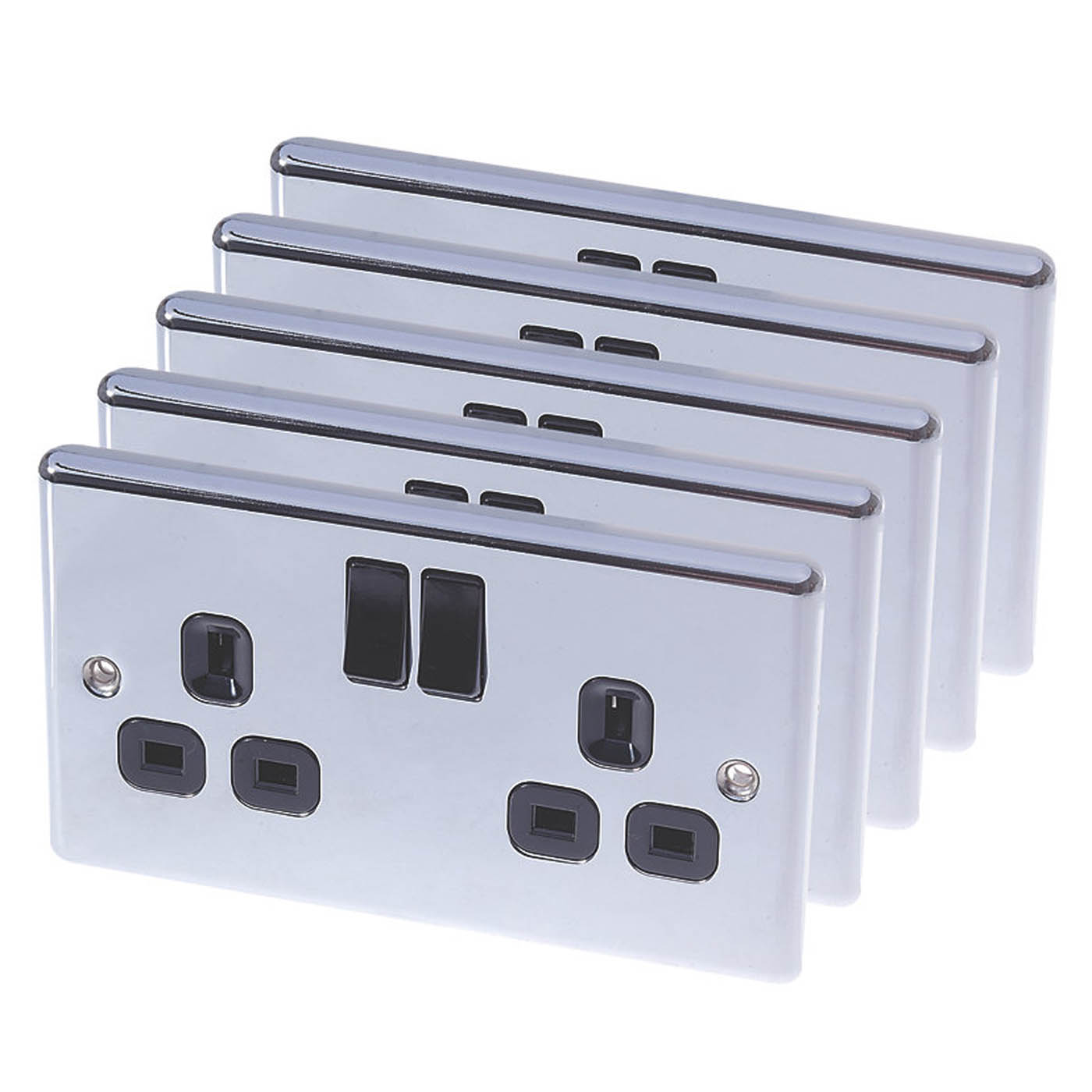 LAP Plug Sockets Switched 13A 2-Gang SP Polished Chrome Black Inserts Pack of 5 - Image 1