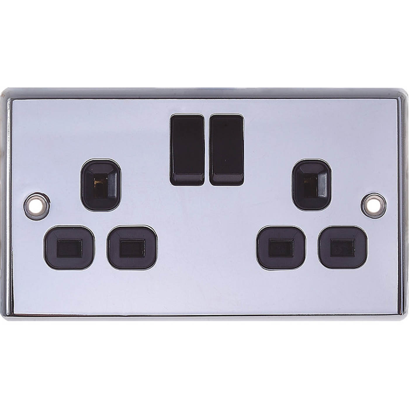 LAP Plug Sockets Switched 13A 2-Gang SP Polished Chrome Black Inserts Pack of 5 - Image 3