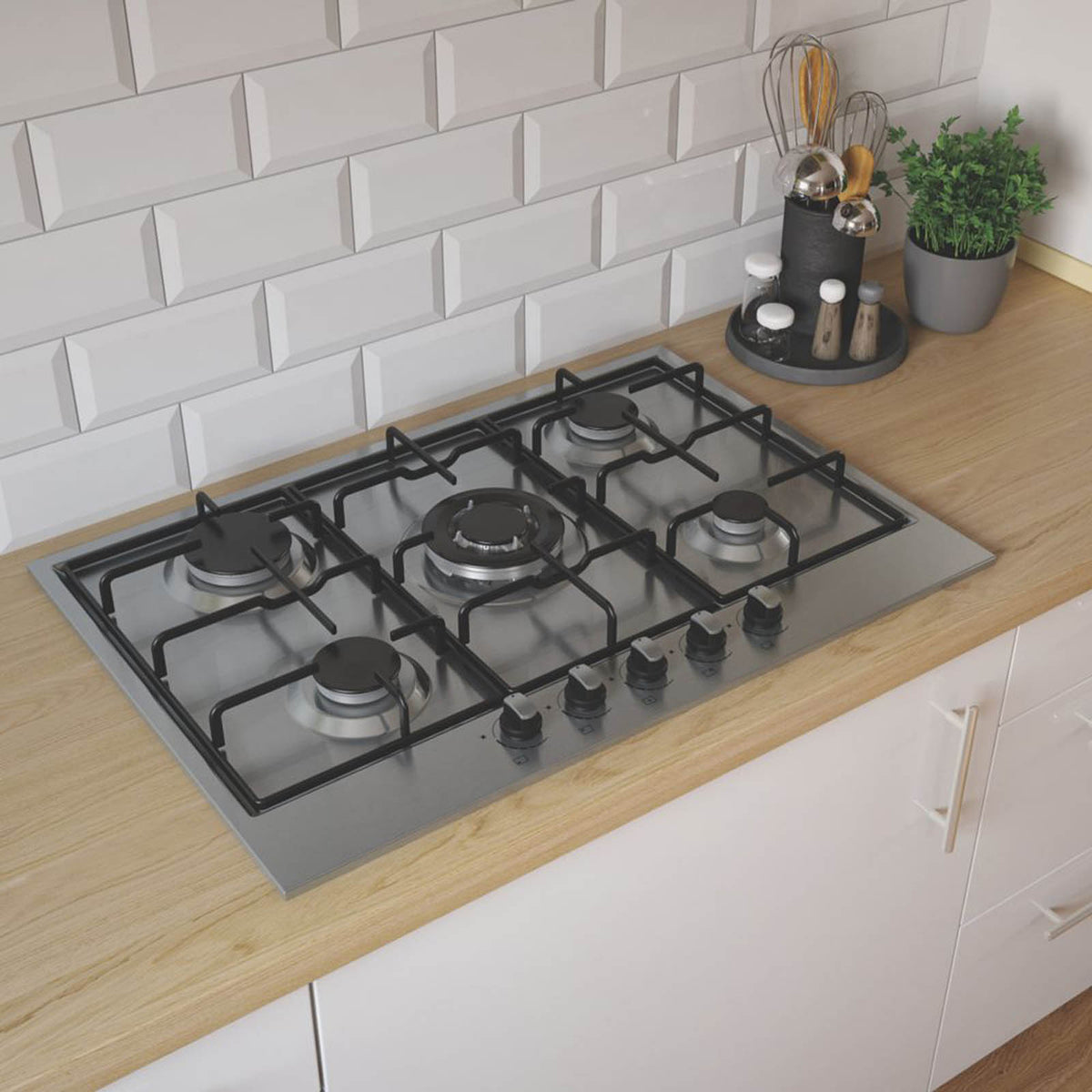 Cooke and Lewis Gas Hob 75cm Stainless Steel 5 Burners Auto Ignition Cooktop - Image 1