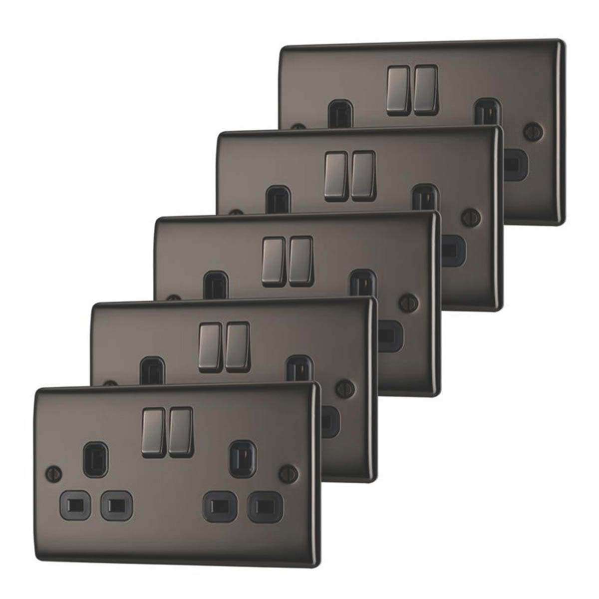 British General Switched Plug Sockets Black Nickel Metal 13A 2-Gang DP 5 Pack - Image 1