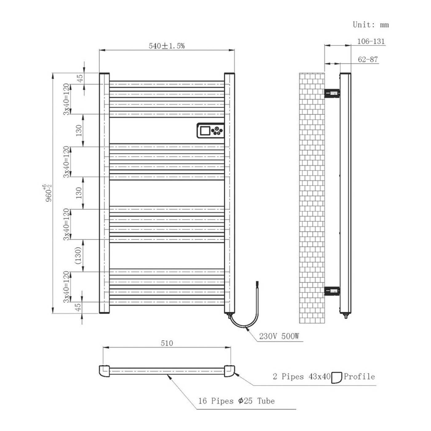 Flomasta Electric Towel Radiator Black Flat 960mm x 540mm 1706BTU - Image 5