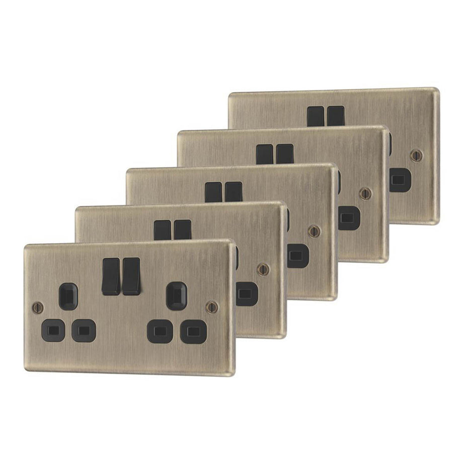 LAP Switched Sockets Double 13A 2 Gang SP Antique Brass Black Inserts 5 Pack - Image 1