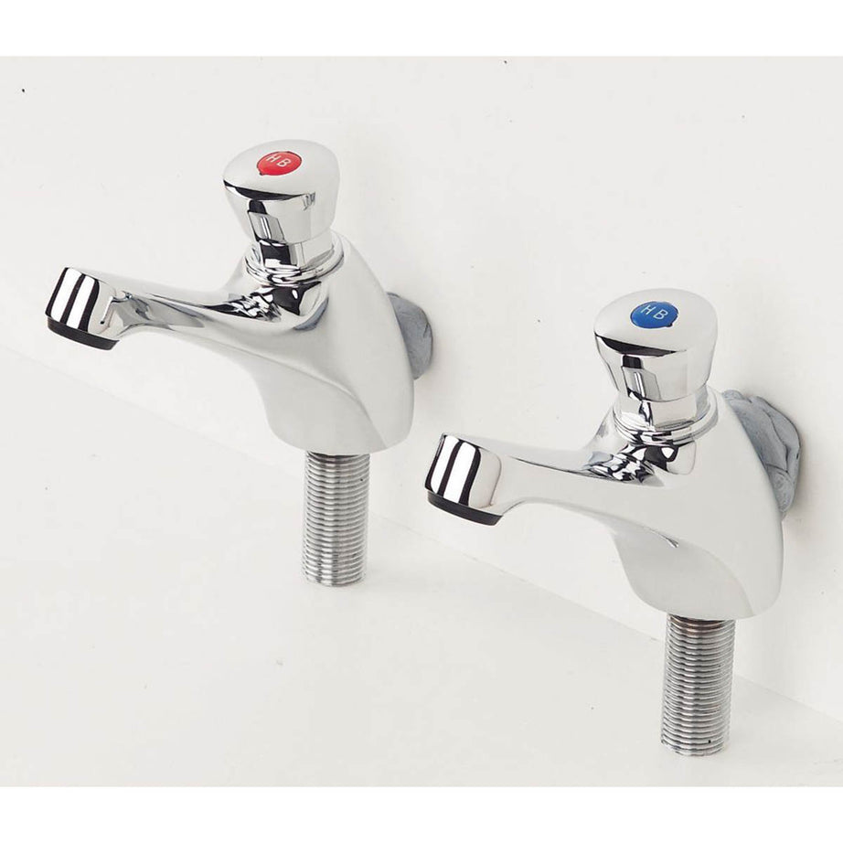 Bathroom Basin Pillar Taps Chrome Self Closing Non Concussive Hot Cold Pair - Image 1