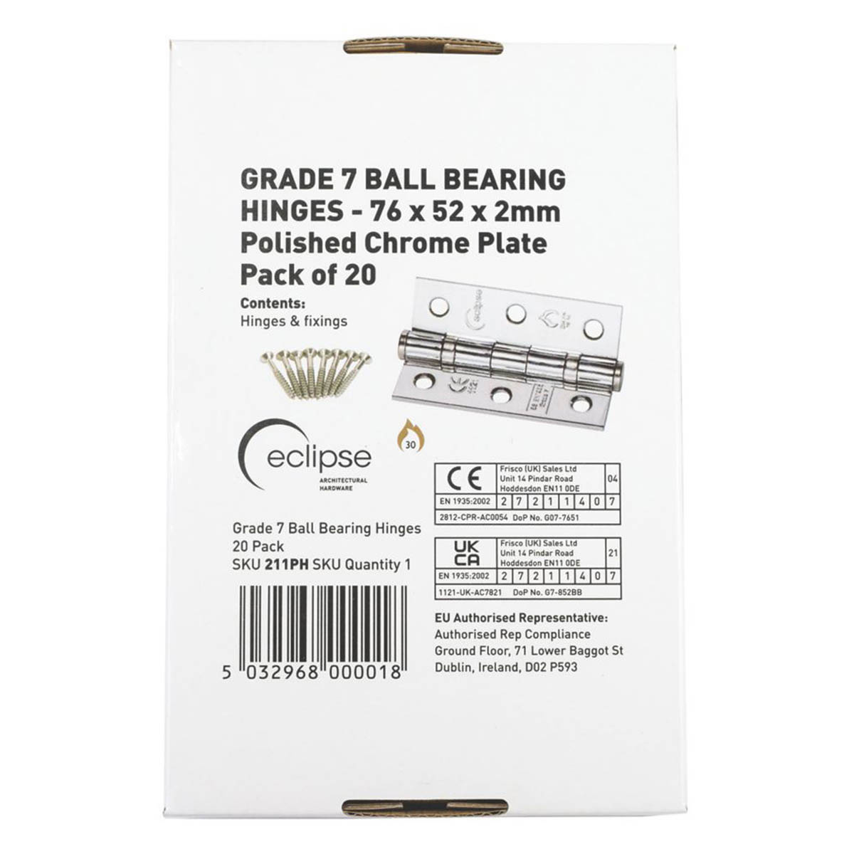 Eclipse Fire Door Hinges Ball Bearing Grade 7 Polished Chrome 76 x 51mm 20 Pack - Image 2