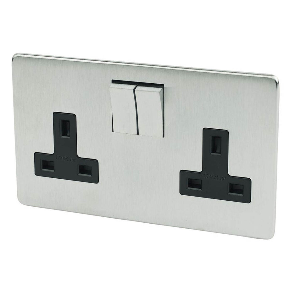 Switched Plug Socket Wall 2-Gang 13A Screwless DP Satin Chrome Black Inserts - Image 1