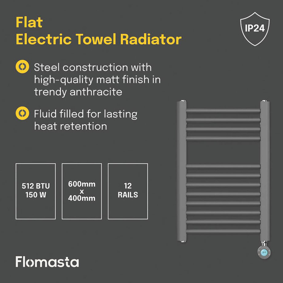 Flomasta Electric Towel Radiator Flat Matt Anthracite 600mm x 400mm 512BTU - Image 4