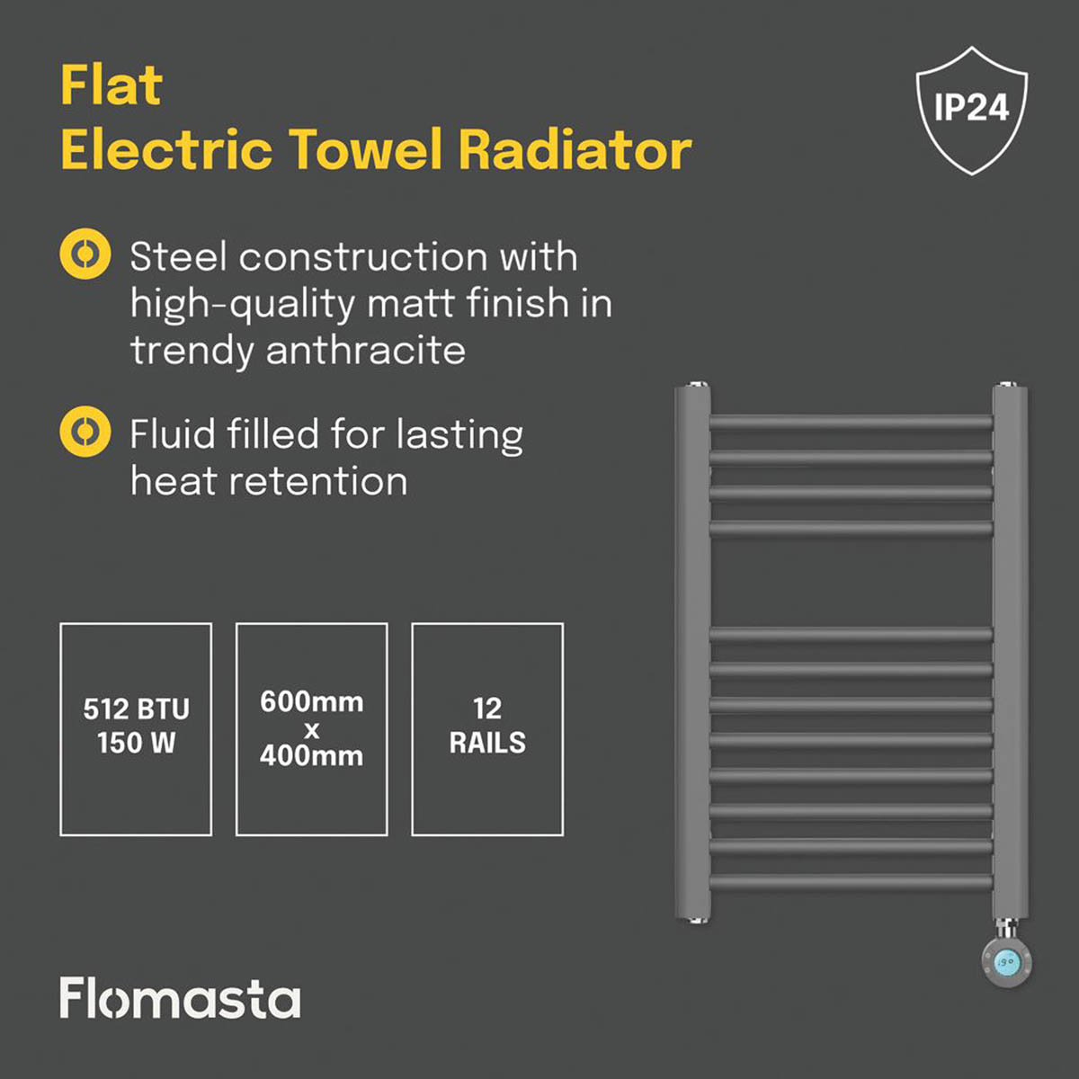 Flomasta Electric Towel Radiator Flat Matt Anthracite 600mm x 400mm 512BTU - Image 4