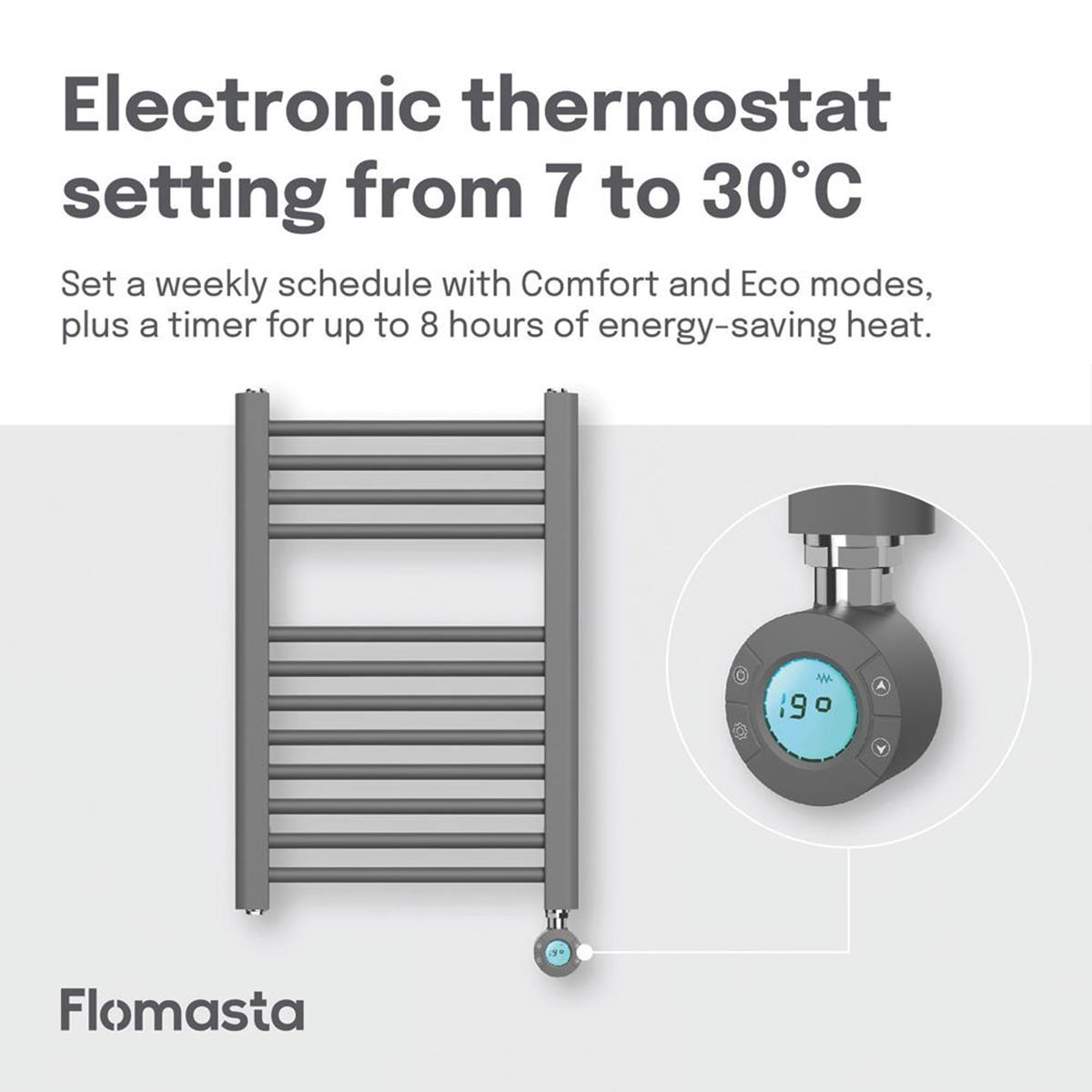 Flomasta Electric Towel Radiator Flat Matt Anthracite 600mm x 400mm 512BTU - Image 5