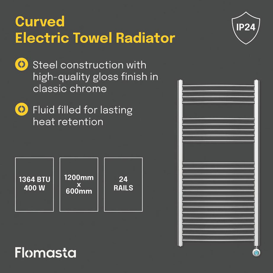Flomasta Electric Towel Rail Radiator Curved Bathroom Warmer (H)120x(W)60cm - Image 4