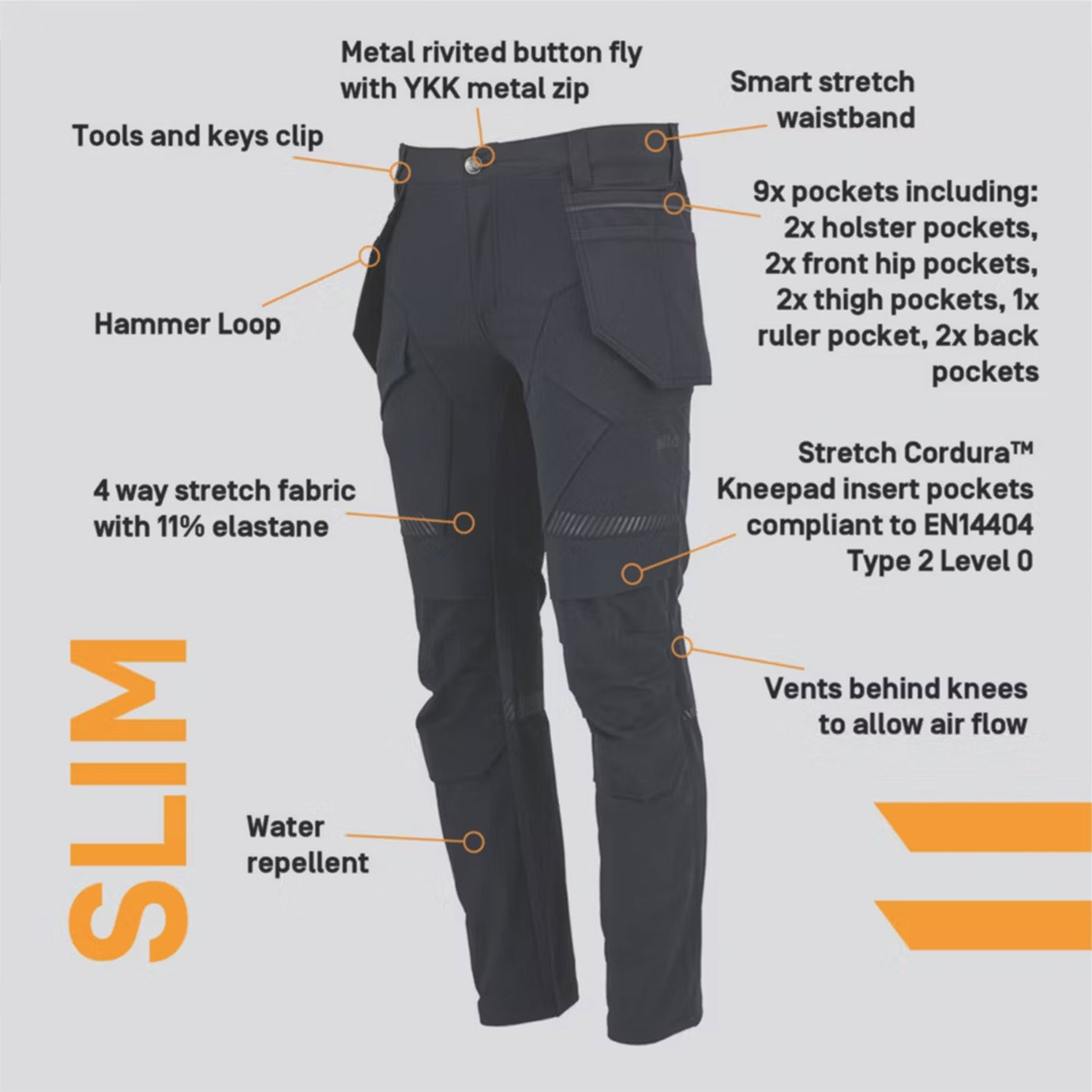 Site Work Trousers Mens Slim Fit Black Stretch Breathable Multi Pockets 36W 34L - Image 3