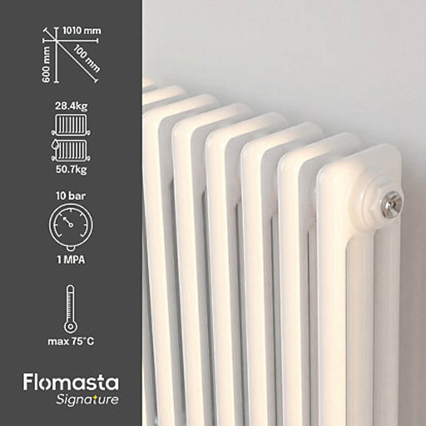 Flomasta 600mm x 1010mm 4366BTU White Horizontal 3 Column Radiator - Image 4