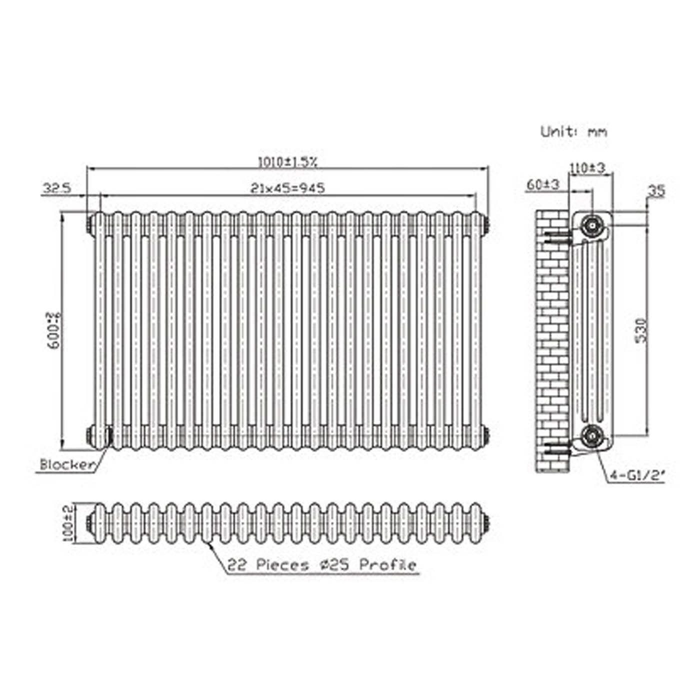 Flomasta 600mm x 1010mm 4366BTU White Horizontal 3 Column Radiator - Image 6