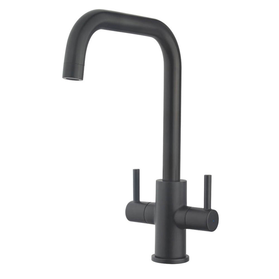 Kitchen Mixer Tap Matt Black Dual Double Lever Deck Mount Modern Swivel Spout - Image 1