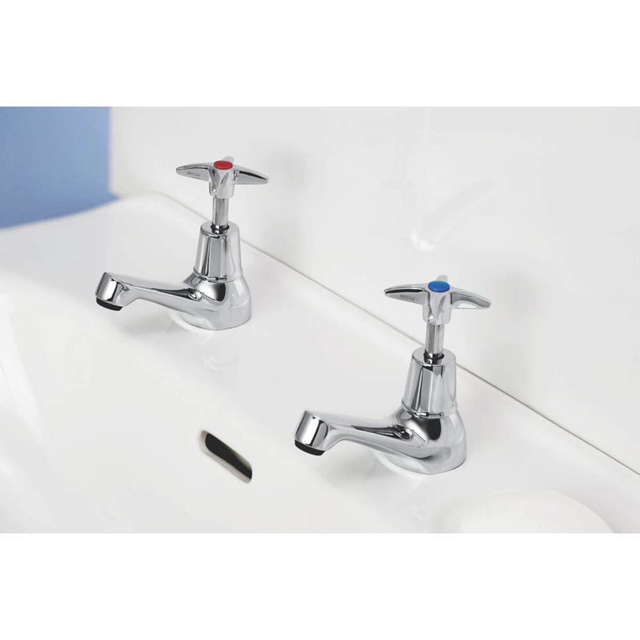 Bristan Bathroom Basin Pillar Tap Chrome 98mm Cross Head Hot Cold Pair - Image 2