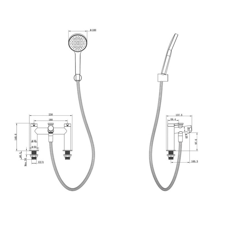 Swirl Shower Mixer Tap Dual Control Manual Brass Chrome 192mm Deck Mounted - Image 2
