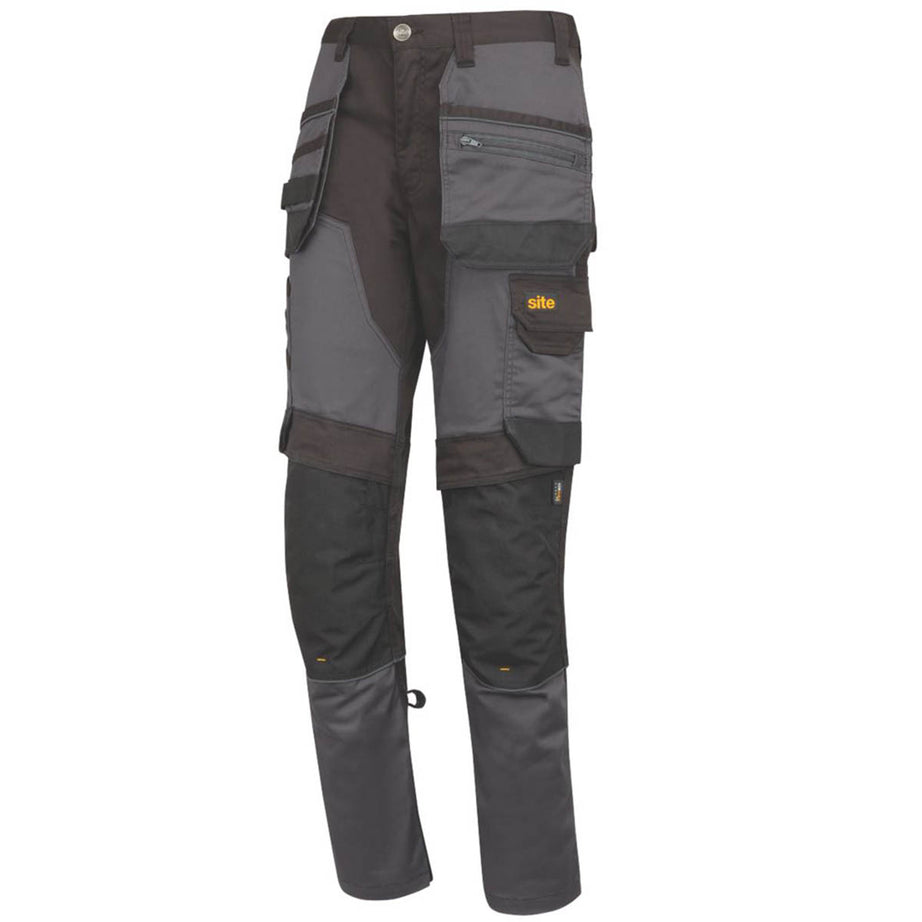 Site Work Trousers Mens Slim Fit Grey Black Stretch Multi Pockets Cargo 38W 32L - Image 1