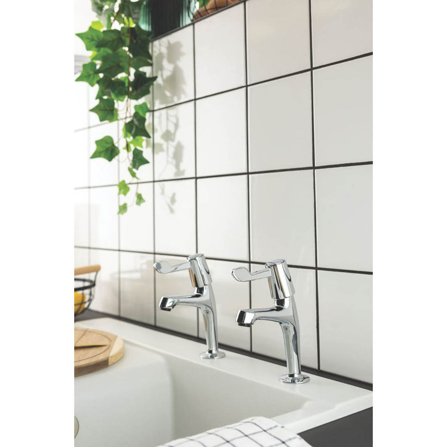 Kitchen Pillar Taps Chrome Dual Lever 1/4 Turn Ceramic Disc Hot Cold Pair - Image 3