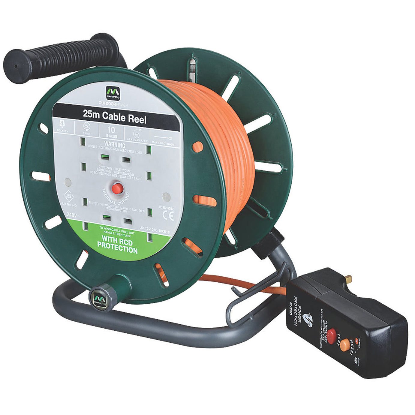 Masterplug Cable Reel RCD 4 Gang 3-Core Thermal Overload Protection 10A 240V 25m - Image 1