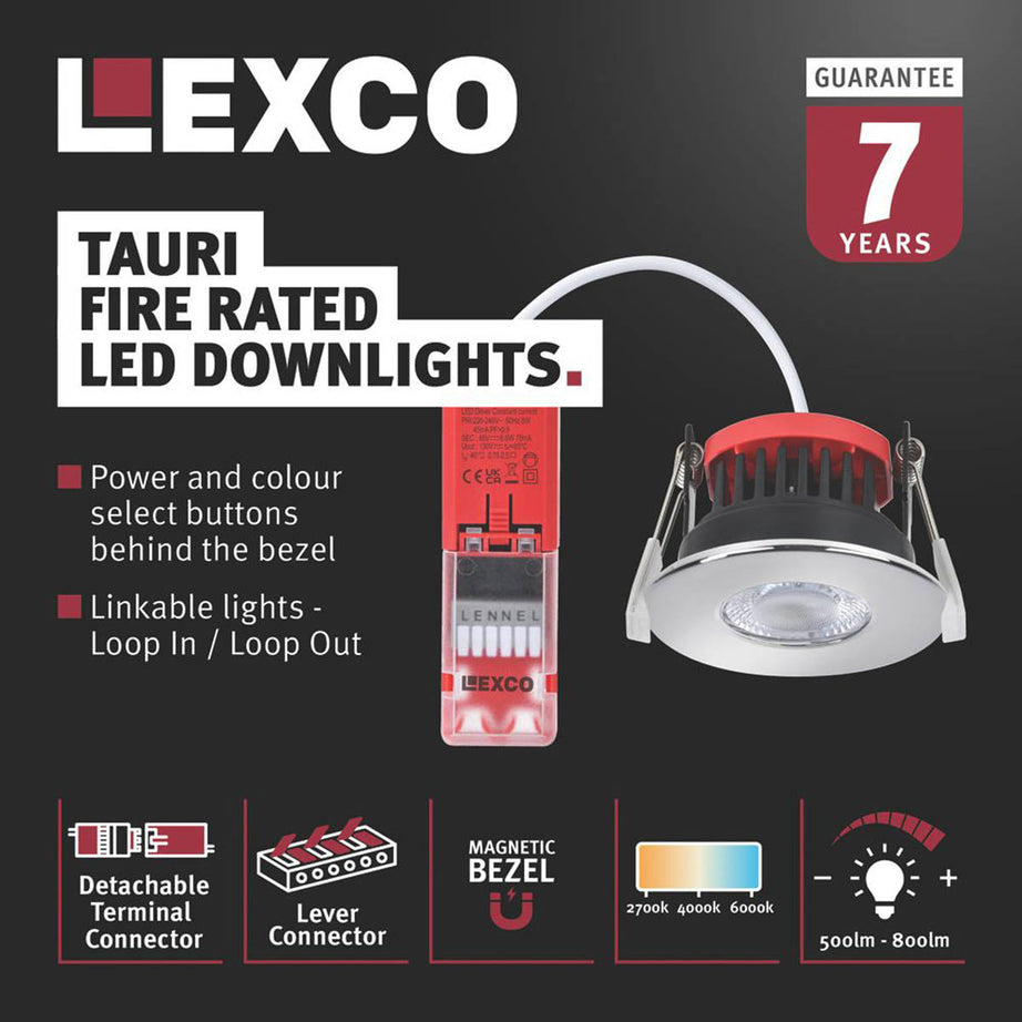 Lexco LED Downlights Fixed Fire Rated Polished Chrome Variable White 8W10 Pack - Image 3