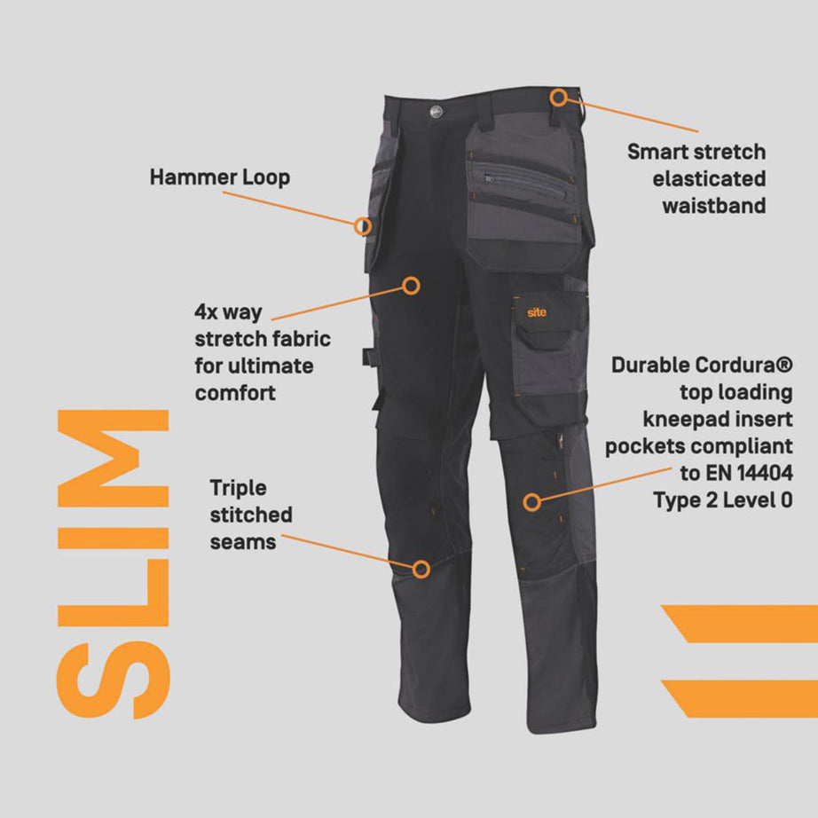 Site Mens Work Trousers Brochman Stretch Holster Pocket Black Grey 34" W 32" L - Image 4