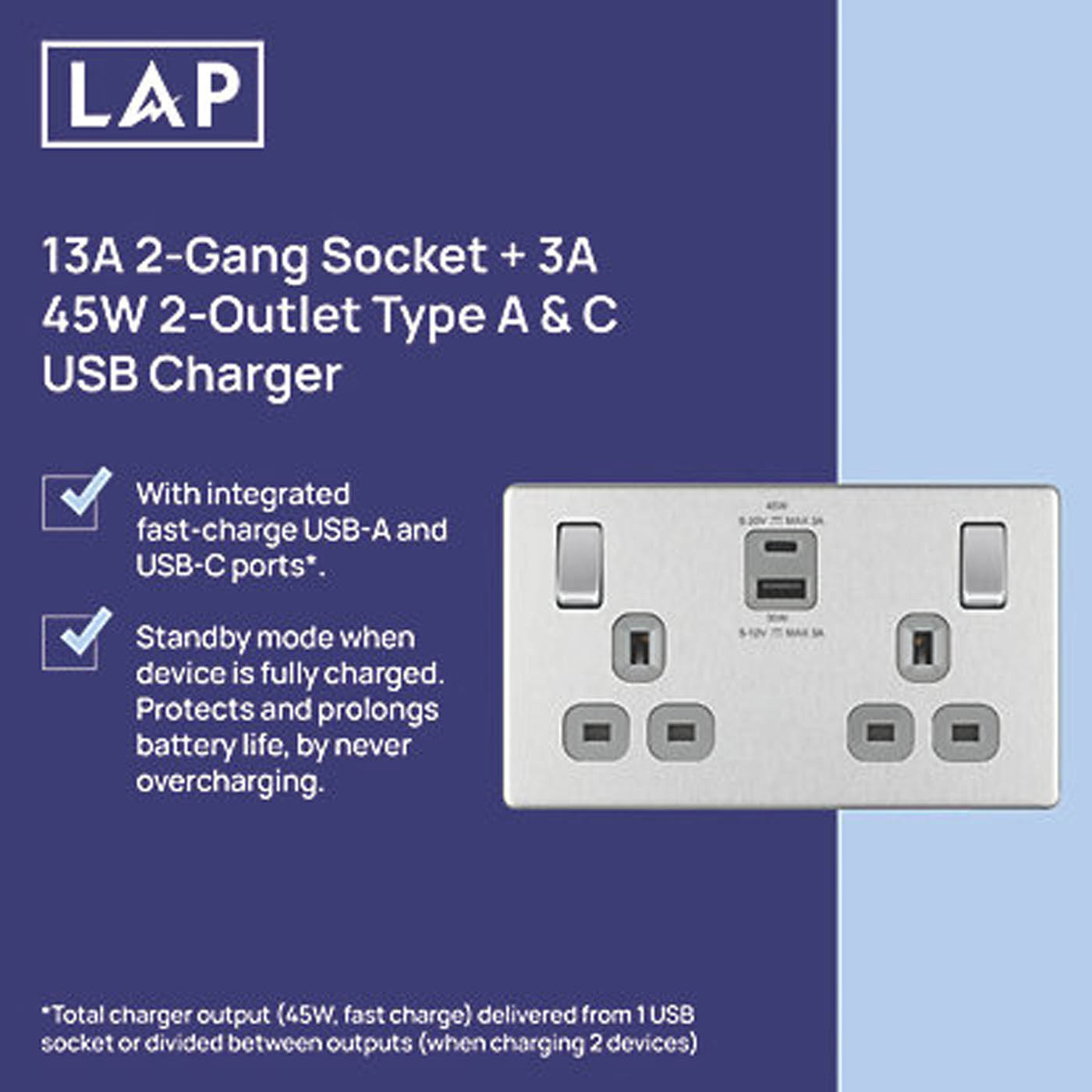 LAP 13A 2-Gang SP Switched Socket + 3A 45W 2-Outlet USB Charger Brushed Steel - Image 3
