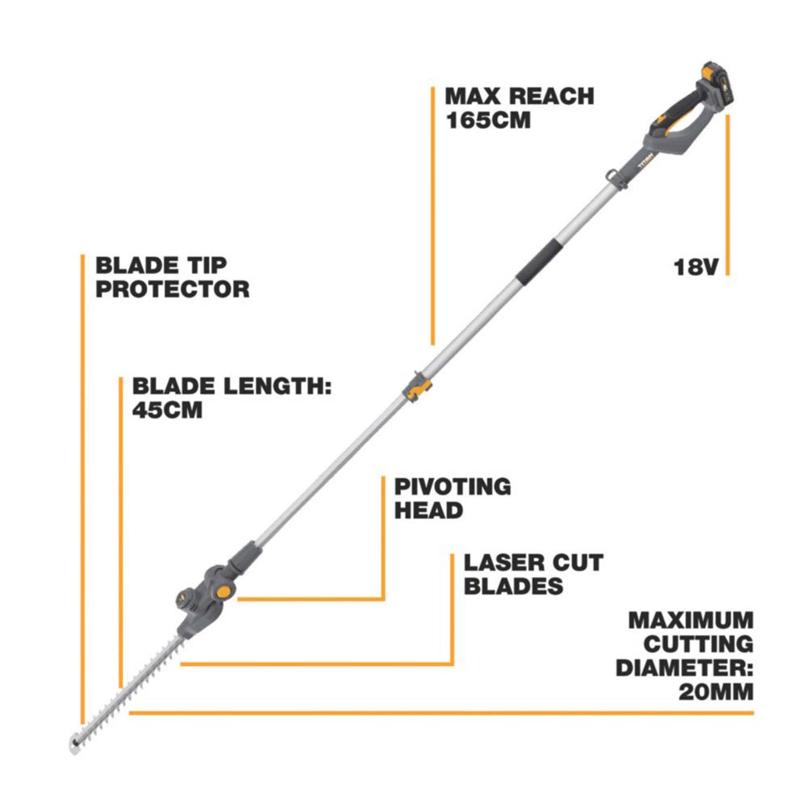 Titan TTI830HDC  45cm 18V 1 x 2Ah Li-Ion TXP Brushless Cordless Pole Hedge Trimmer - Image 3