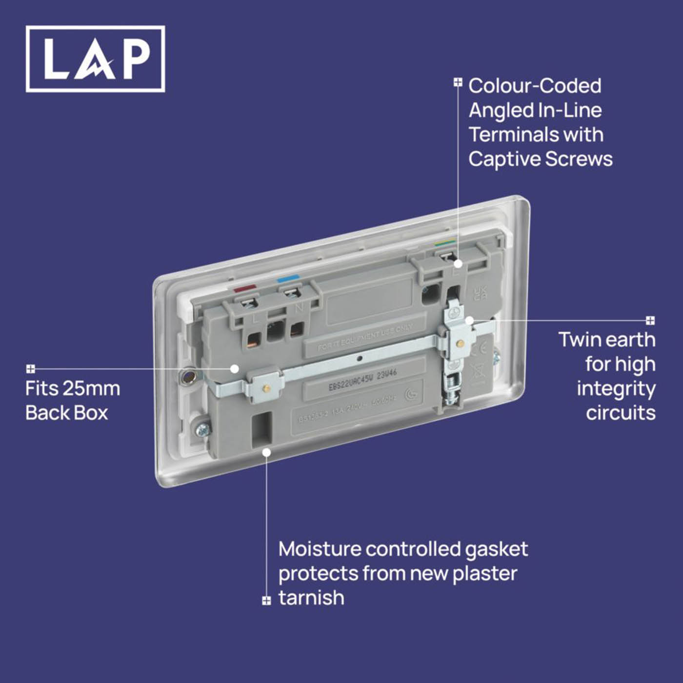 LAP Switched Socket 13A 2-Gang Type A&C USB Charger Brushed Steel White Inserts - Image 5