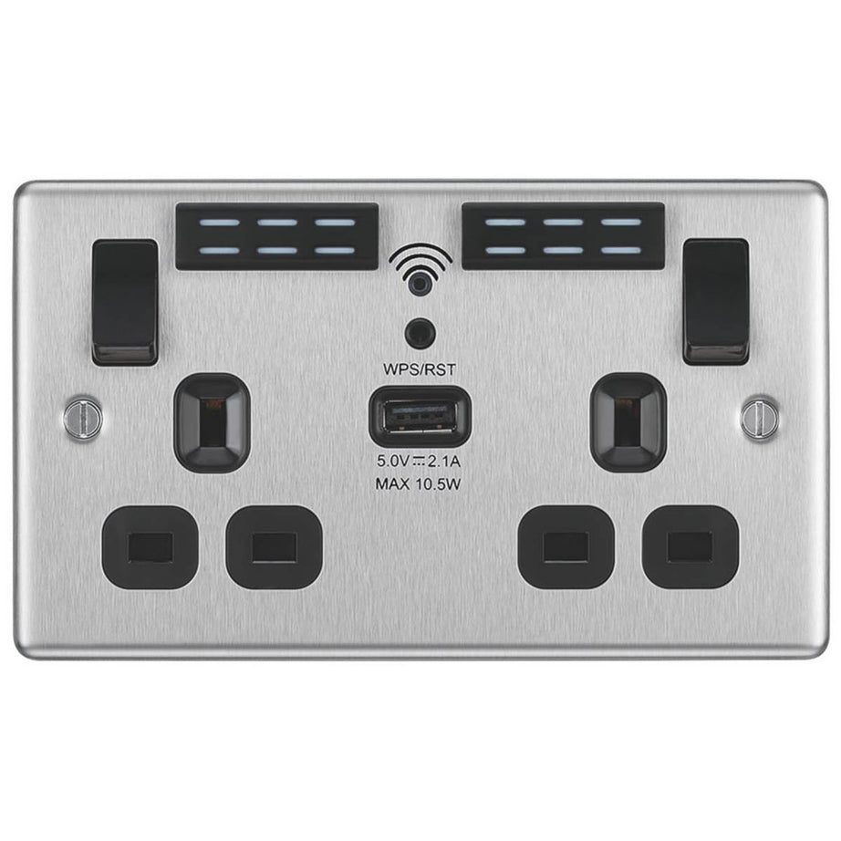 Double Wall Socket LED 2 Gang 2.1A USB A Port WiFi Extender 13A  Brushed Steel - Image 2