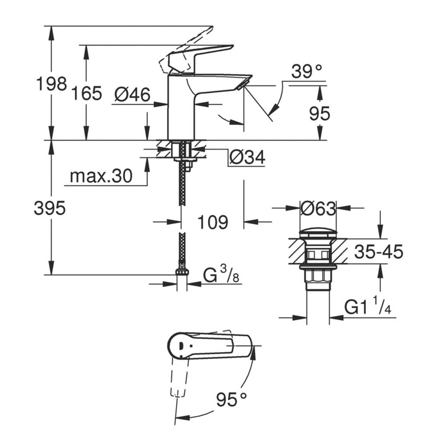 Grohe QuickFix Start Matt Black 165mm Standard Lever Mono Basin Mixer Tap  With Pop-Up Waste - Image 5