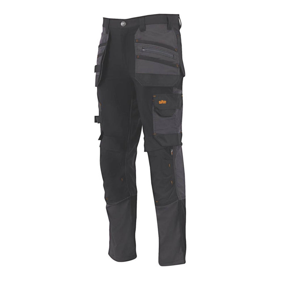 Site Work Trousers Mens Slim Fit Black Grey Stretch Multi Pockets 36"W 32"L - Image 1