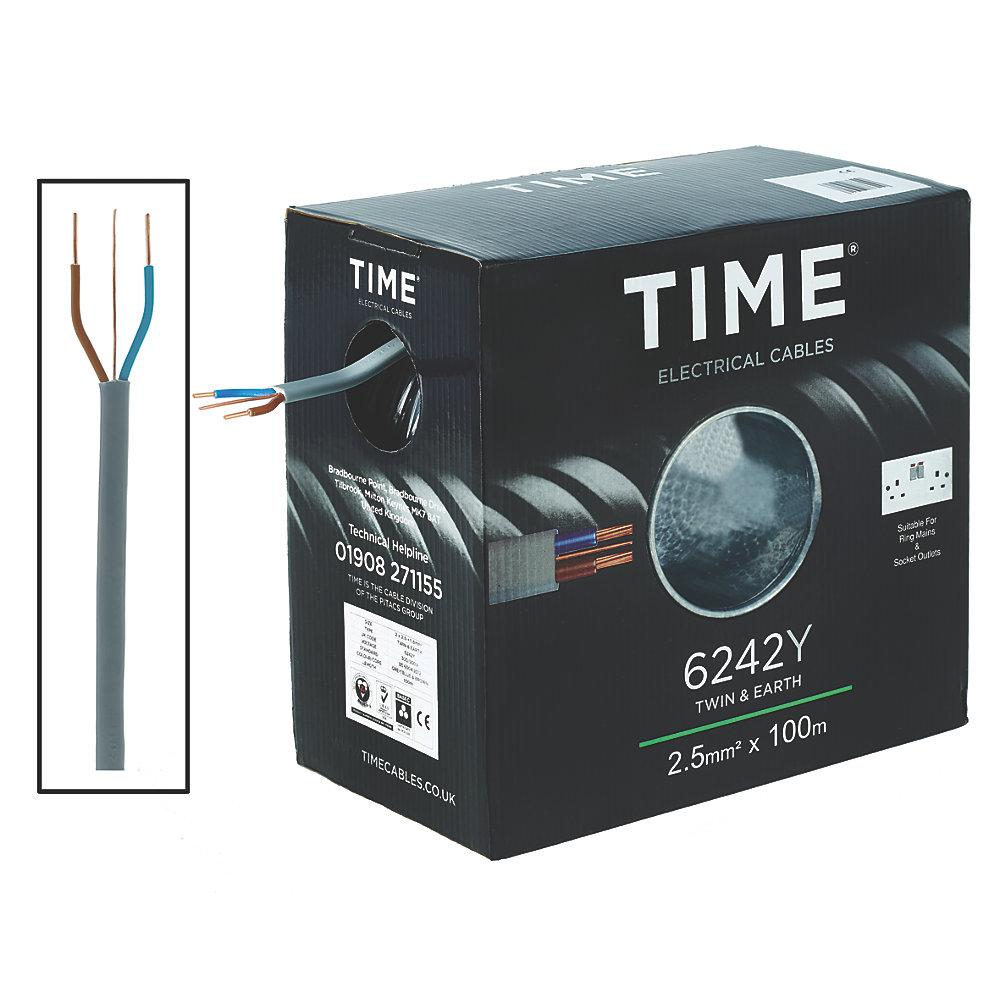 Time Electrical Cable 6242Y Grey Flat Twin And Earth 2 Core Indoor Drum 100m - Image 1