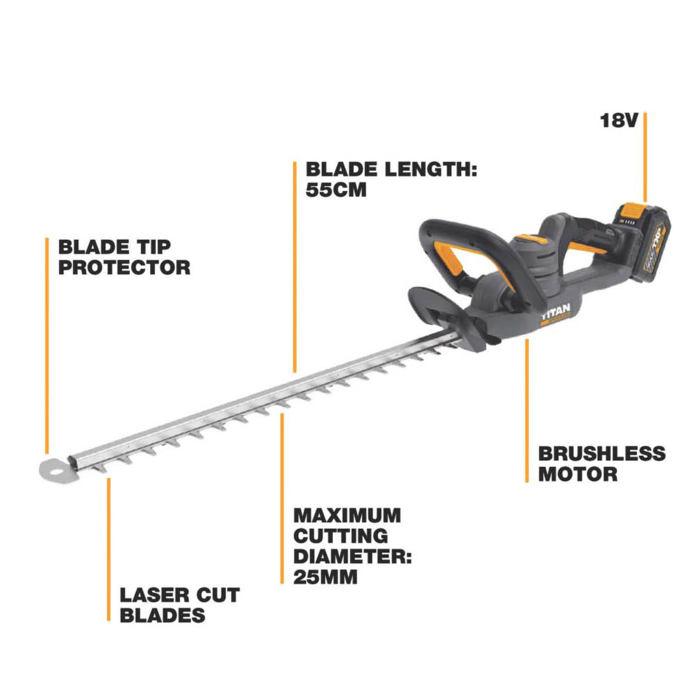 Titan  TTI1208GHT 55cm 18V 1 x 5.0Ah Li-Ion TXP Brushless Cordless Hedge Trimmer - Image 3