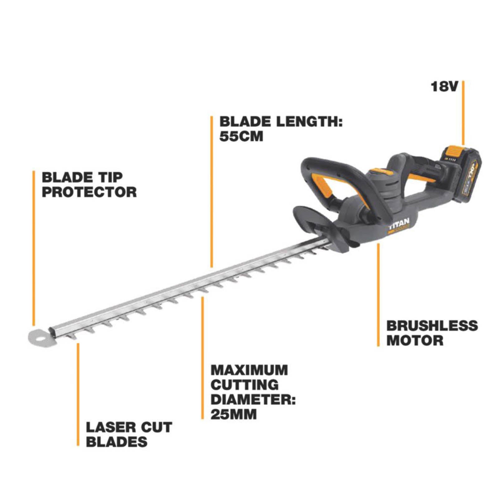 Titan  TTI1208GHT 55cm 18V 1 x 5.0Ah Li-Ion TXP Brushless Cordless Hedge Trimmer - Image 3