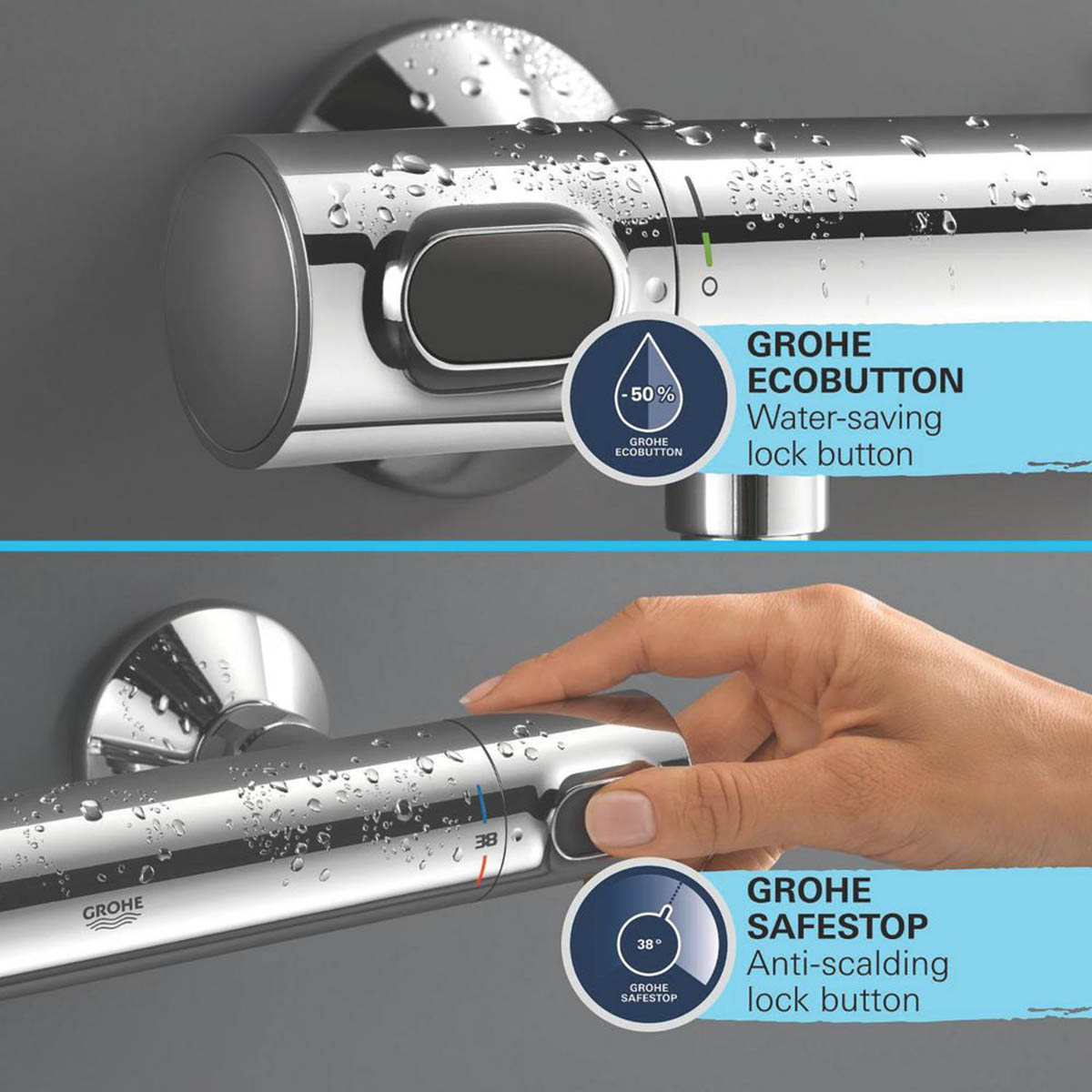 Grohe Shower Mixer Set Thermostatic Chrome Single Spray Pattern Round Adjustable - Image 3