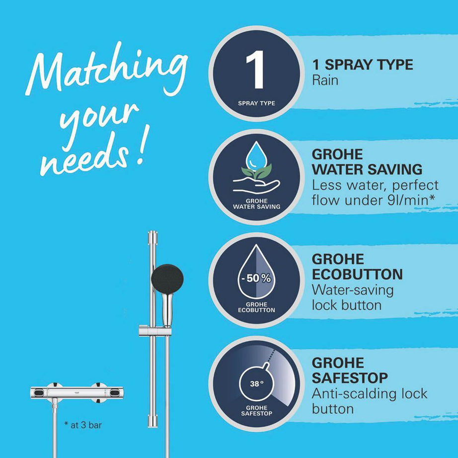 Grohe Shower Mixer Set Thermostatic Chrome Single Spray Pattern Round Adjustable - Image 4