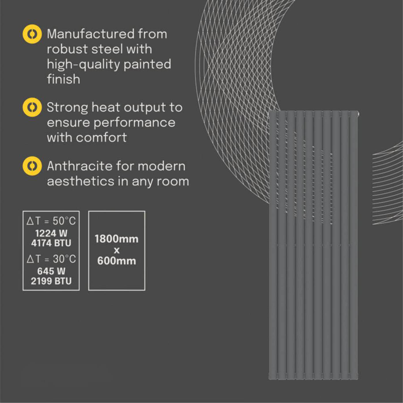 Flomasta Designer Radiator Anthracite Vertical Steel Modern (H)180x(W)60cm - Image 5