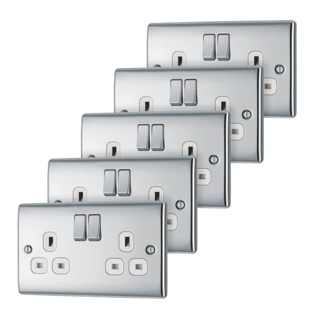 BG Wall Plug Sockets Chrome White Inserts 13A 2 Gang DP Switched Pack Of 5 - Image 1