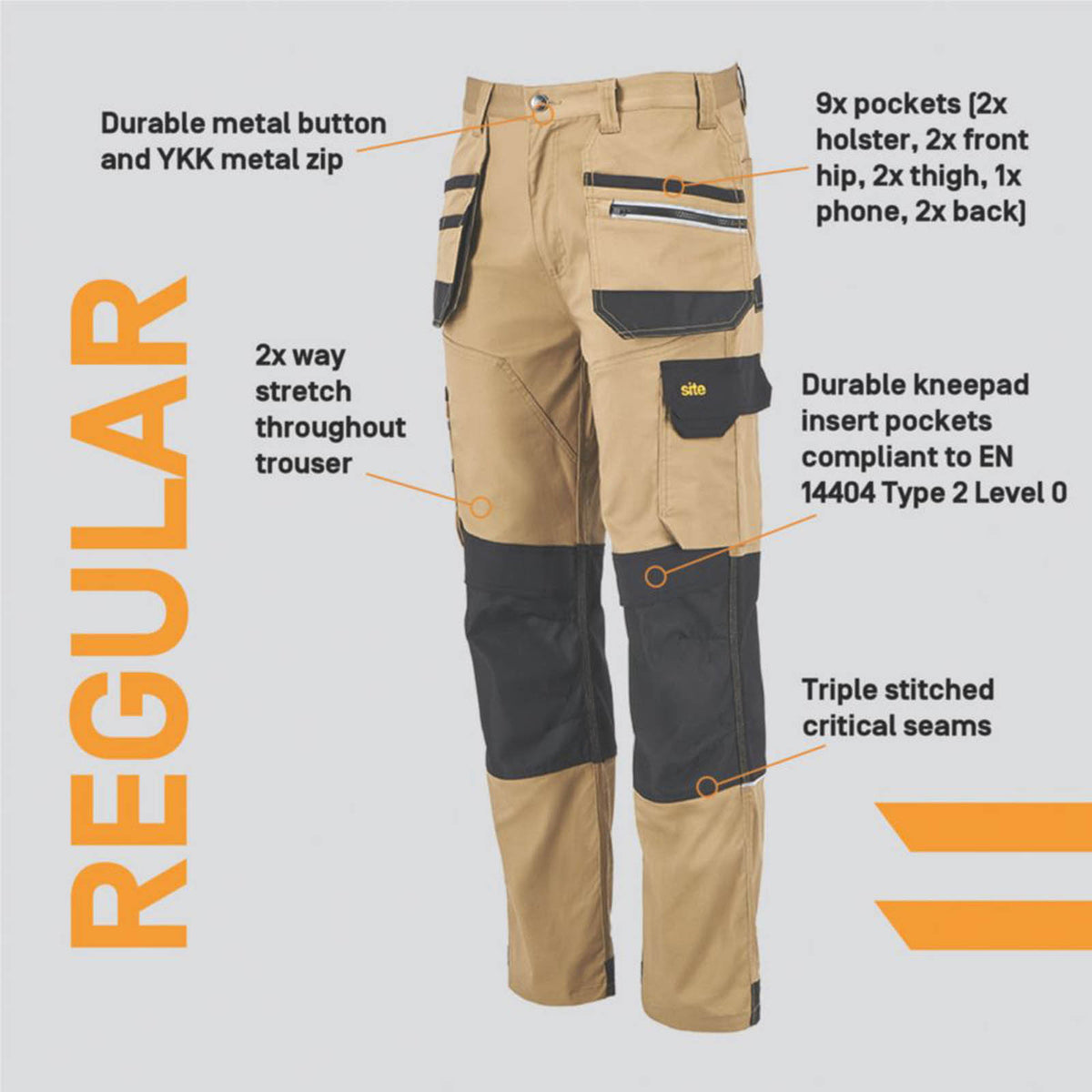 Site Work Trousers Mens Regular Fit Tan Black Stretch Multi Pockets 38W 32L - Image 3