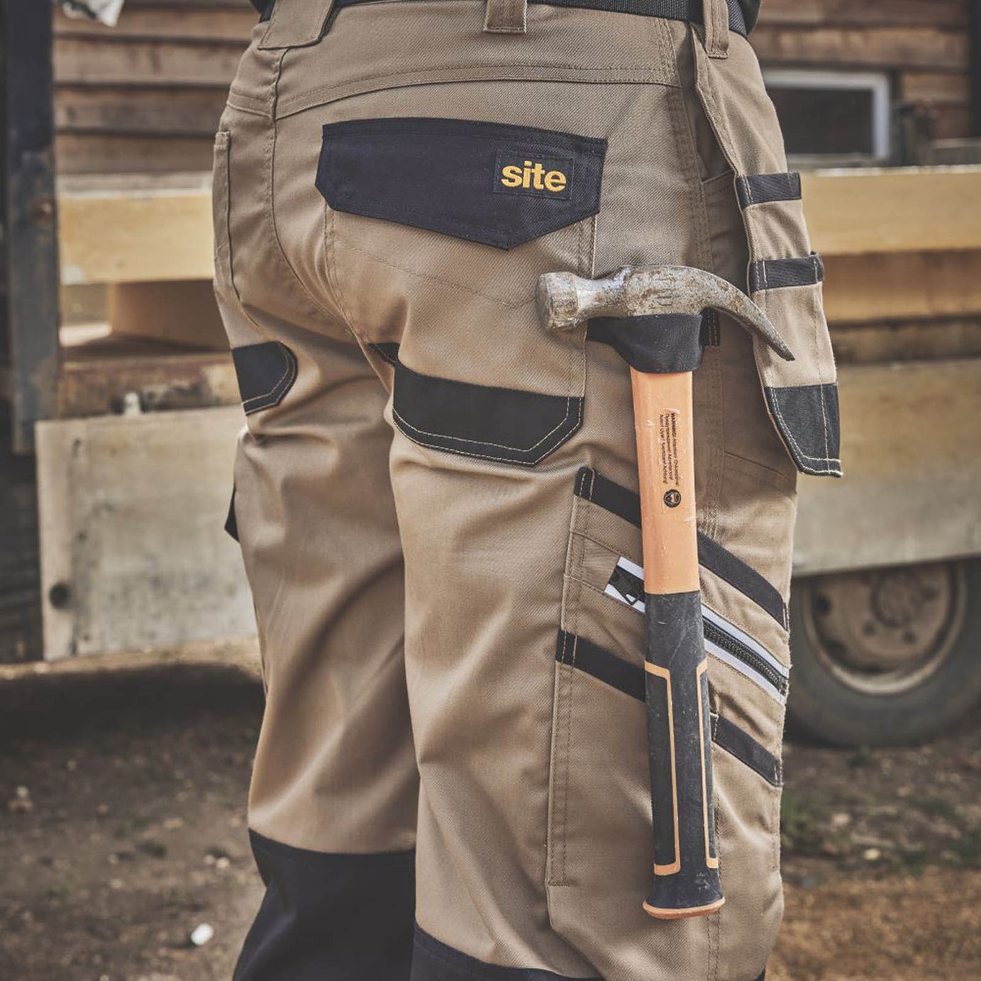 Site Work Trousers Mens Regular Fit Tan Black Stretch Multi Pockets 38W 32L - Image 5