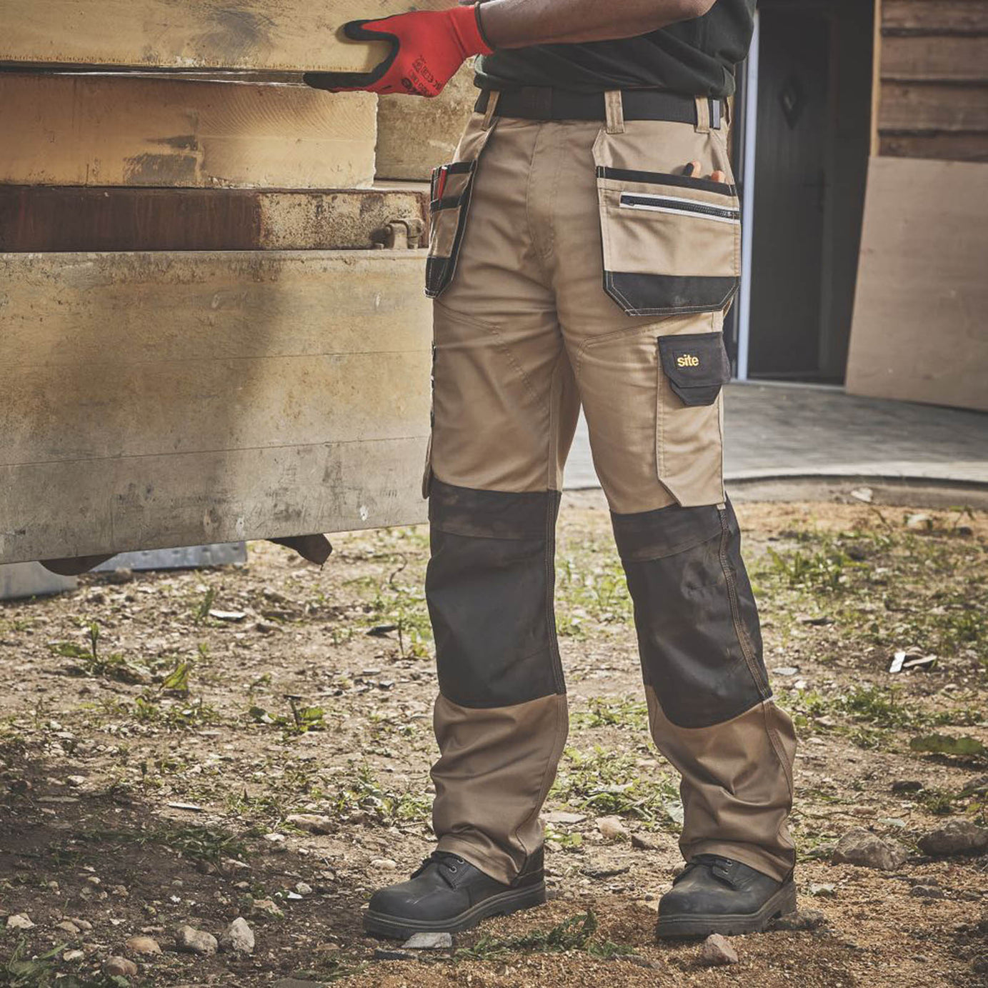 Site Work Trousers Mens Regular Fit Tan Black Stretch Multi Pockets 38W 32L - Image 6